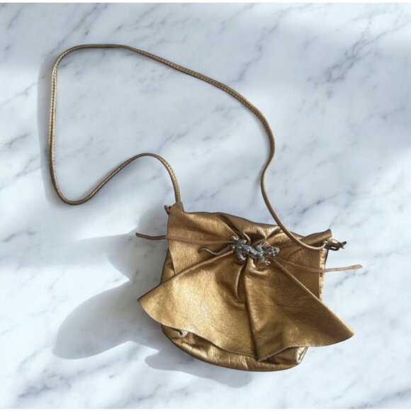 SUSAN FARBER Vintage Autographed Bronze Leather Lizard Embellished Handbag - Picture 1 of 10